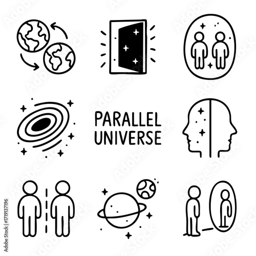 A set of doodle line icons representing parallel worlds, alternate dimensions, cosmic portals, doppelgängers, and mirror realities