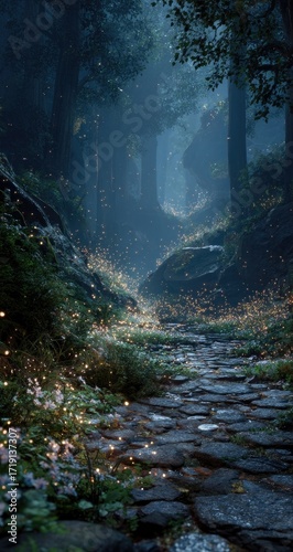 Mystical forest path at night, lit by fireflies
