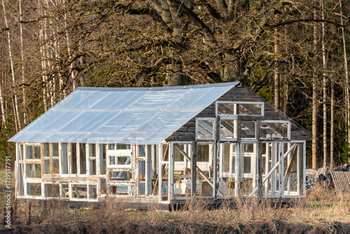 early spring in nature, interestingly built greenhouse from old wooden windows, peasant architecture, homemade greenhouse for various plants