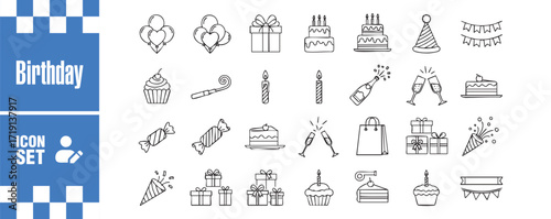 Birthday icon set collection of party decorations, cakes, gifts, candles, and treats in a minimalist style for birthday celebrations and festive occasions