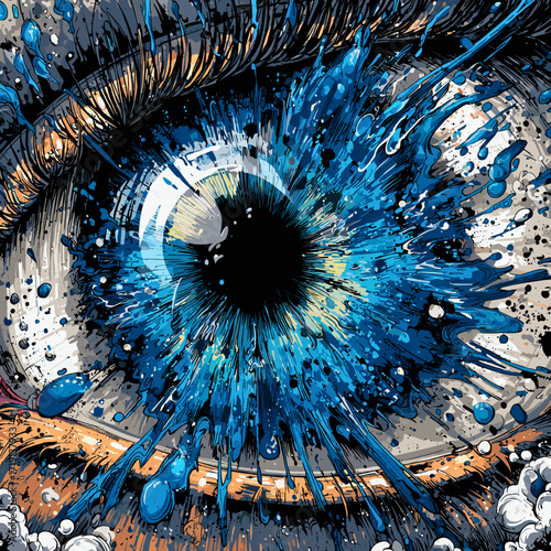 This striking image features a close-up of a vibrant blue eye, surrounded by an explosive burst of colors, including orange, blue, and black splashes. The eye's intense gaze is complemented by the dyn