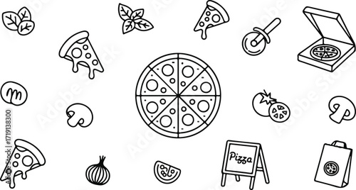 Pizza doodle icon set. Cute hand drawn sketch illustrations of slice, pepperoni, tomato, cheese, mushroom, oven. Black and white cartoon art for fast food. Vintage marker drawing collection
