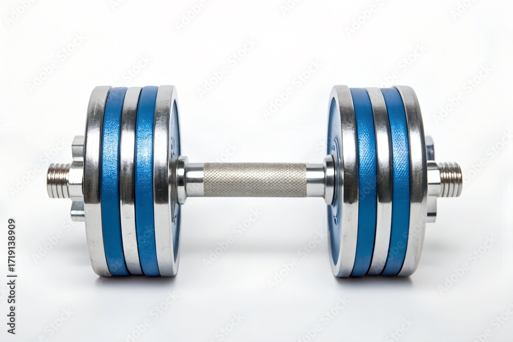 Fototapeta premium Single dumbbell with metallic handle and silver weight plates featuring blue stripes on white background