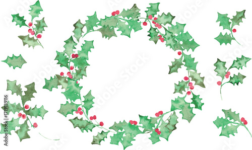 水彩画。水彩タッチのクリスマスひいらぎイラスト。12月のクリスマスフレーム。緑の柊ベクターイラスト。Watercolor painting. Christmas holly illustration with watercolor touch. Christmas frame in December. Green holly vector illustration.