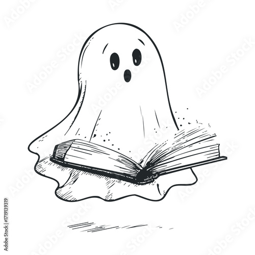 Ghost reading a book in a whimsical setting for Halloween theme. Vector illustration
