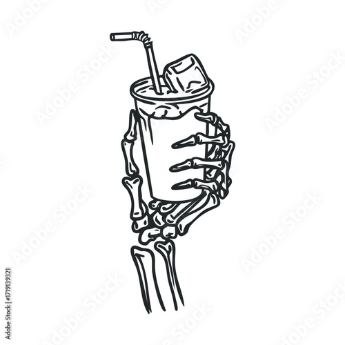 Skeleton holding a drink with straw in a playful concept. Vector illustration