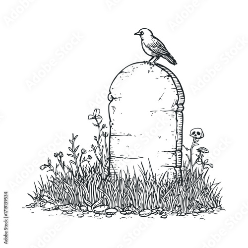 Artistic depiction of a bird on a gravestone with wildflowers. Vector illustration