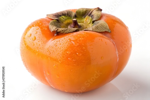 Ripe persimmon with glossy orange skin, leafy green-brown calyx, and water droplets on white background
