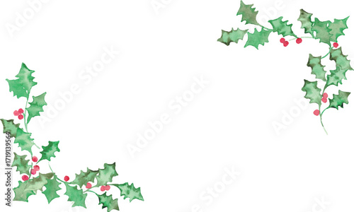水彩画。水彩タッチのクリスマスひいらぎイラスト。12月のクリスマスフレーム。緑の柊ベクターイラスト。Watercolor painting. Christmas holly illustration with watercolor touch. Christmas frame in December. Green holly vector illustration.
