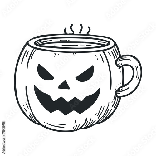 Halloween pumpkin mug concept for festive drinks and dcor ideas. Vector illustration