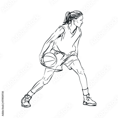 Young female athlete dribbling basketball on court during practice. Vector illustration