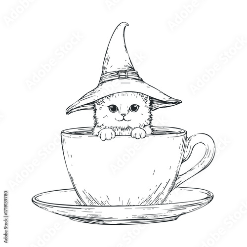 Cute cat in a teacup wearing a witch hat for Halloween celebration. Vector illustration
