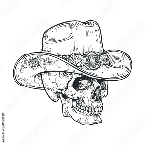 Cowboy skull with hat design for western themed art. Vector illustration