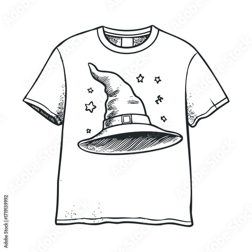 Halloween themed t shirt design featuring a wizard hat and stars. Vector illustration