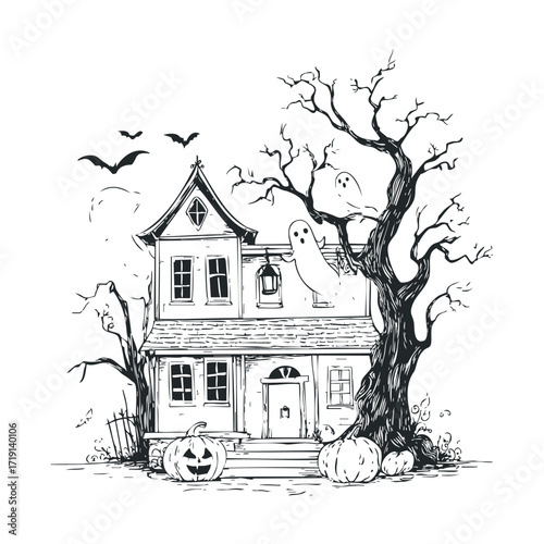 A haunted house stands eerily with ghosts hovering around. Vector illustration