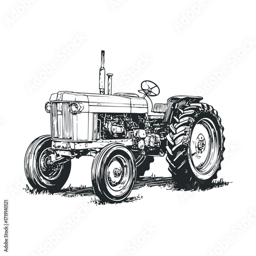 Classic tractor on display in a rural setting with details. Vector illustration