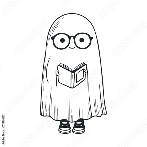 Cute ghost character reading a book in a playful and whimsical style. Vector illustration