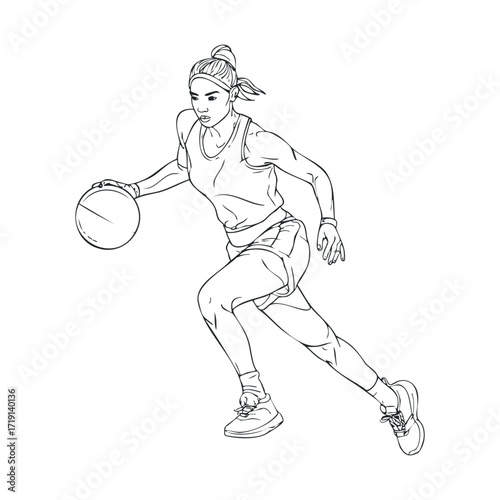 Dynamic basketball player dribbling during an energetic game. Vector illustration