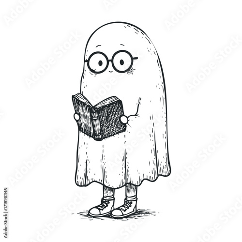 Friendly ghost reading a book in a cozy setting. Vector illustration