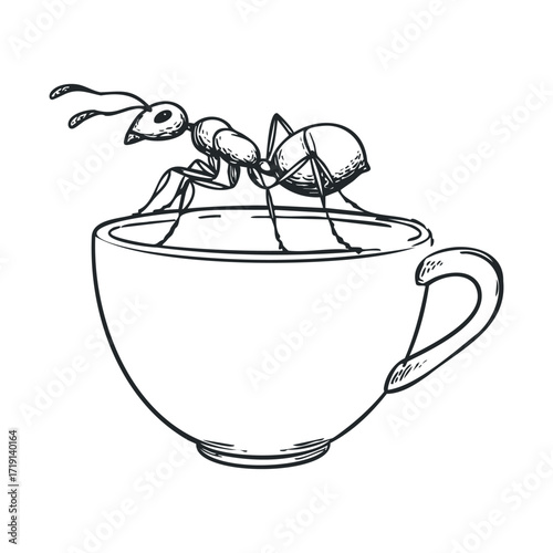 Ant exploring a teacup in a quirky and fun design concept. Vector illustration
