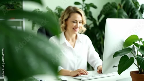Raindrops cling to vibrant plant leaves in a tranquil indoor workspace, bringing life and freshness to the serene atmosphere, promoting focus and creativity.