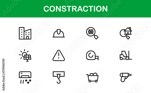 Professional Construction Icon Collection with Minimal Line Art for Equipment, Safety Gear, and Building