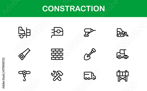 Professional Construction Icon Collection with Minimal Line Art for Equipment, Safety Gear, and Building