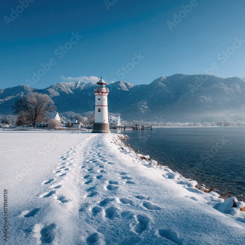 Snowy path to a lighthouse on a frozen lake