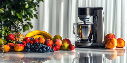 A kitchen machine surrounded by fresh fruits on a white table with natural sunlight