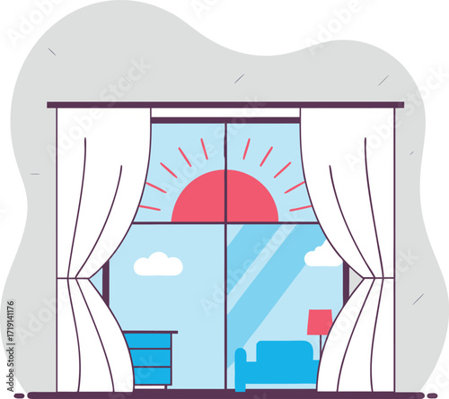 Vector illustration of a bright sunrise view from a window in a bedroom.