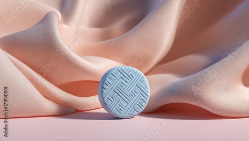 Light-blue, patterned disc on blush-pink silk
