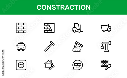 Professional Construction Icon Collection with Minimal Line Art for Equipment, Safety Gear, and Building