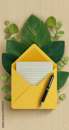 Yellow envelope with blank paper, pen, and leaves