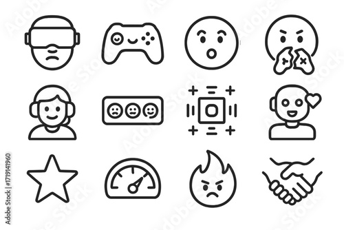 Emotional Gaming Icons. Outline icon set of Emotional gaming: VR headset face, joy controller, surprise emoji,