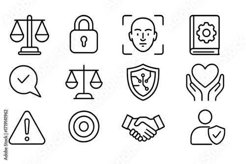 Ethical AI Icon Set. Outline icon set of Emotional recognition ethics: justice scale, privacy lock, face scan