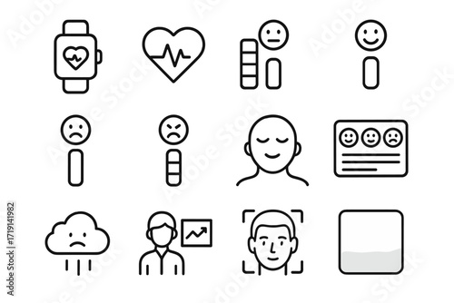 Mood Tracking Icons. Outline icon set of Real-time mood tracking: wearable watch, heart pulse, stress bar,
