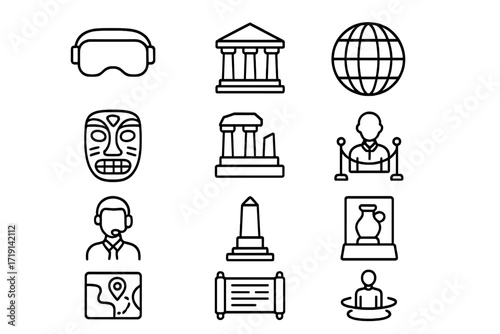 Virtual Heritage Icons. Outline icon set of Virtual heritage tourism: VR headset, ancient temple, digital