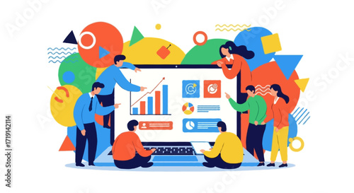 Flat vector illustration in Corporate Memphis style, faceless characters working together on a big laptop, colorful abstract geometric elements, playful business teamwork concept