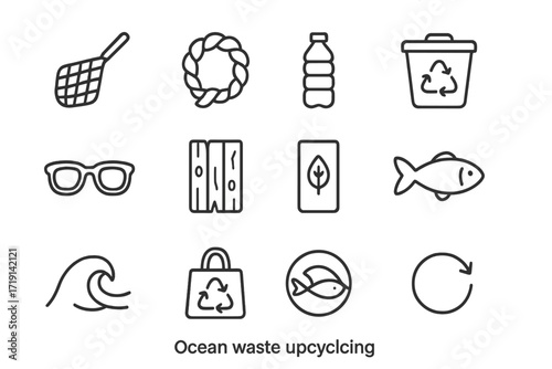 Ocean Waste Icons. Outline icon set of Ocean waste upcycling: fishing net icon, recycled rope, ocean plastic