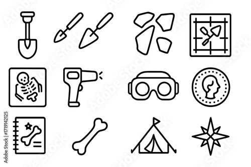 Archaeological VR Icons. Outline icon set of Archaeological VR tours: excavation shovel, trowel, pottery