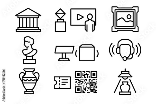 Digital Museum Icons. Outline icon set of Digital museums: museum building, artifact pedestal, virtual screen,