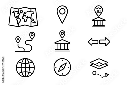 Interactive Heritage Icons. Outline icon set of Interactive heritage maps: world map, location pin, monument