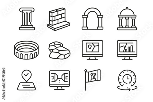 Ancient City Icons. Outline icon set of Ancient city reconstructions: ruined column, 3D wall, ancient arch,