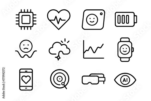 Future Emotion Sensors Icons. Outline icon set of Future emotion sensors: sensor chip, biometric heart,