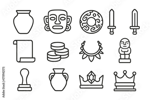 Ancient Artifacts Icons. Outline icon set of Ancient artifacts in VR: clay pot, golden mask, jade ornament,