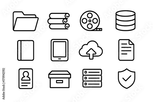Digital Archive Icons. Outline icon set of Digital heritage archives: open folder, scroll stack, microfilm