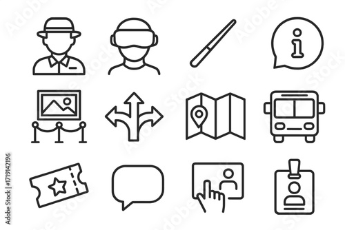 VR Tour Icon Set. Outline icon set of VR guided tours: tour guide avatar, headset user, pointer stick, info