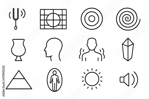 Resonance Healing Icons. Outline icon set of Resonance healing: tuning fork, harmonic chart, frequency circle,