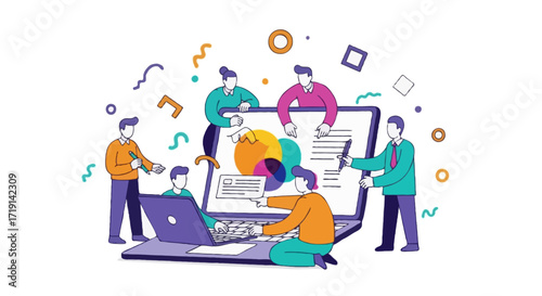 Flat vector illustration in Corporate Memphis style, faceless characters working together on a big laptop, colorful abstract geometric elements, playful business teamwork concept