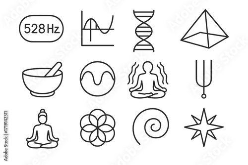 Solfeggio Frequency Icons. Outline icon set of Solfeggio frequencies: 528 Hz icon, harmonic chart, DNA helix,